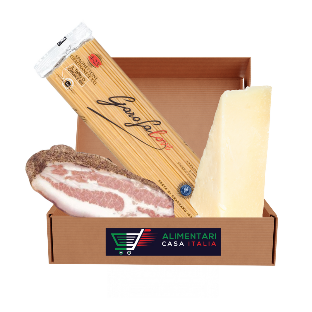 Kit pentru Carbonara- 1buc spaghetti, 1 buc guanciale, 1 buc pecorino romano