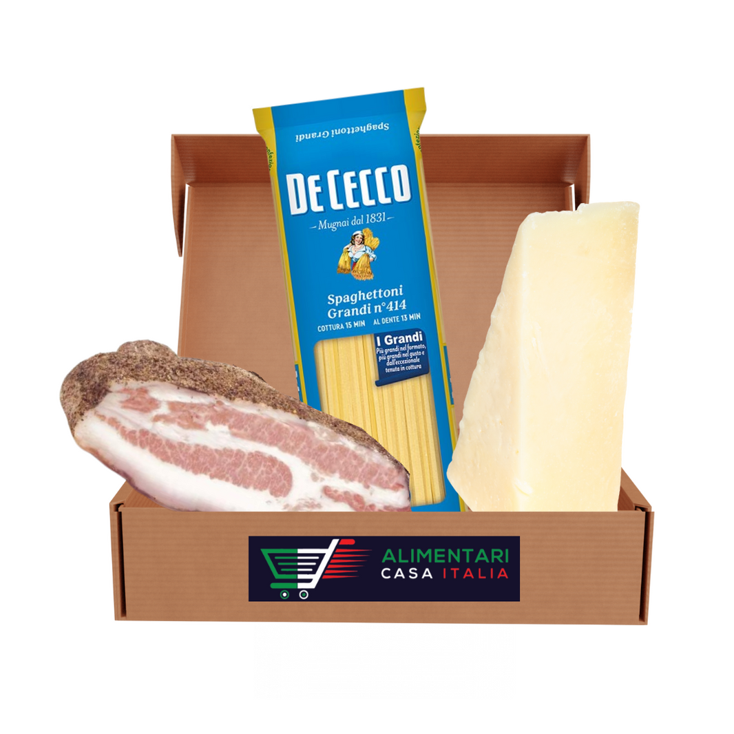 Kit per Carbonara - 1 pezzo di spaghetti, 1 pezzo di guanciale, 1 pezzo di pecorino romano